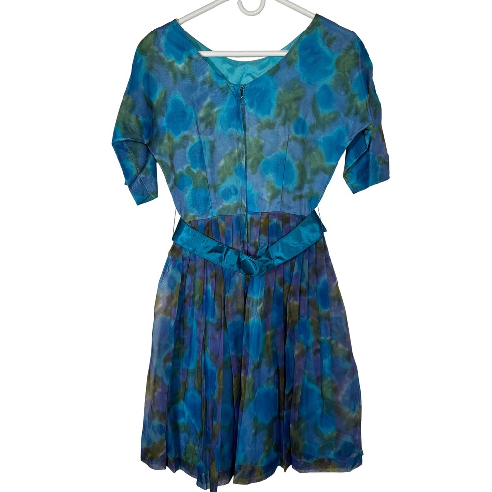 Vintage 50s Watercolor Blue Floral Chiffon Pleated Fit and Flare Belted Dress - Picture 3 of 10
